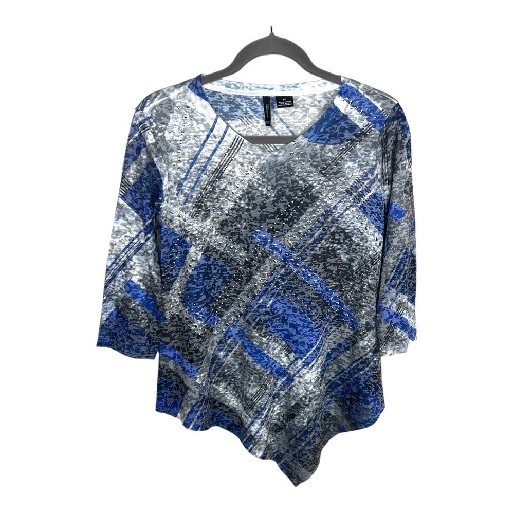 PETITE SMALL NEW DIRECTIONS BLUE GREY SILVER STUDDED TOP ASYMMETRICAL  STRETCH